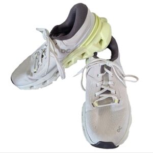 On Cloud Shoes White and Yellow Athletic Running Cloudflyer Helion